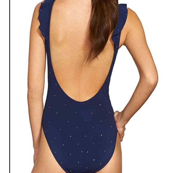 Robin Piccone Jennie Plunge Polka Dot One Piece Swimsuit Navy Blue Women's Sz 12 - Picture 2 of 8